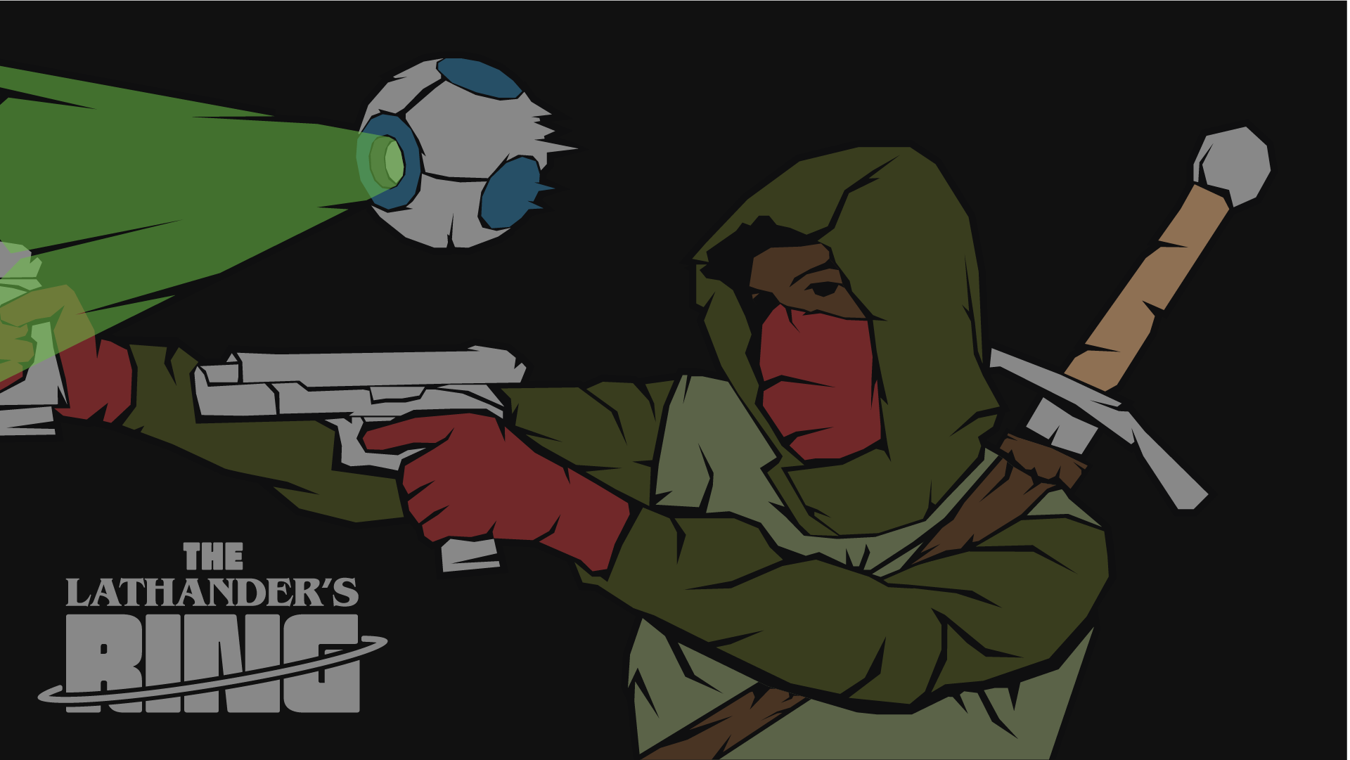 Man firing pistols with spherical droid flying above him.