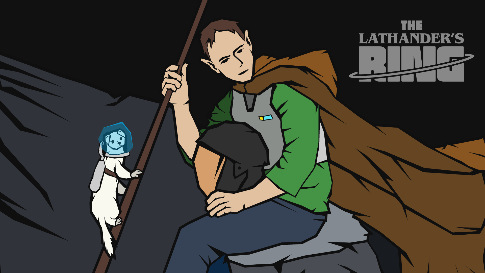 Man sitting hold staff, that has a weasel on it.