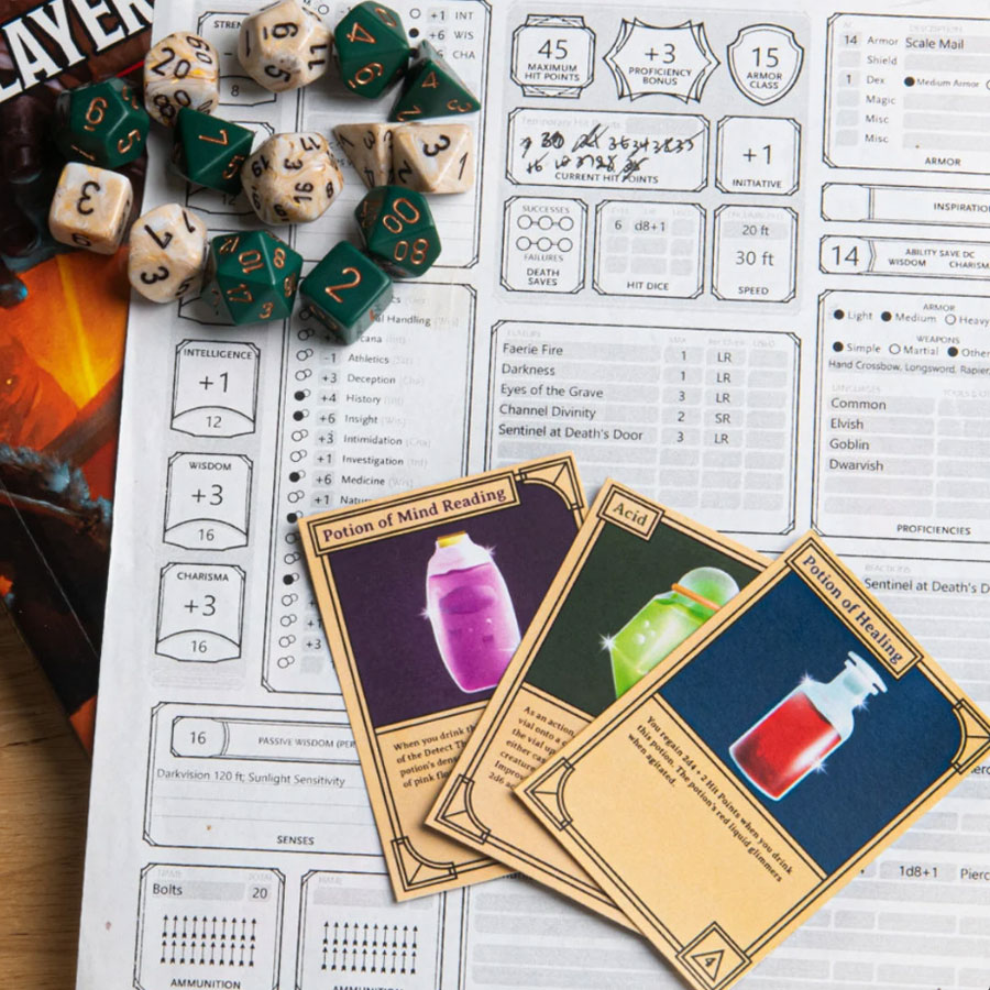 Photo of multiple cards on character sheet