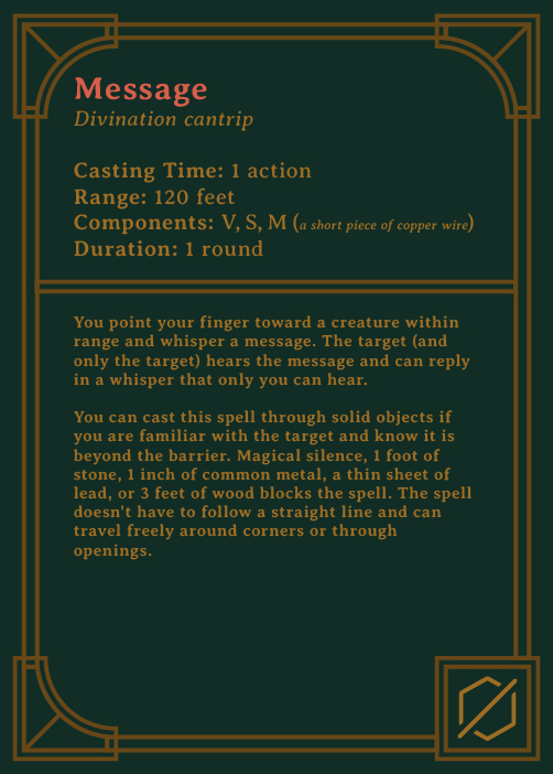 card with information for Message