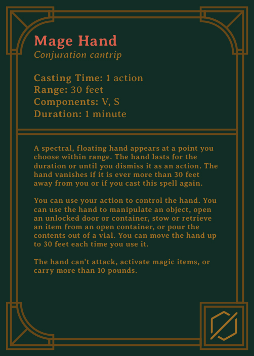 card with information for Mage Hand